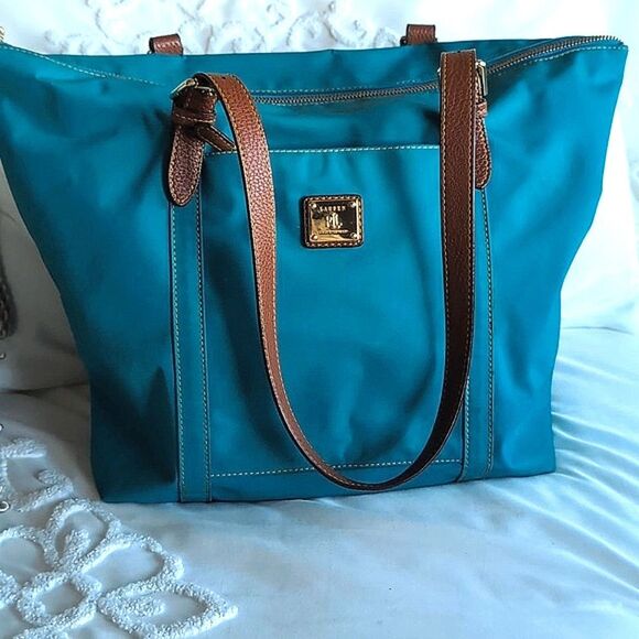 Ralph Lauren Turquoise Nylon Tote With Leather Detailing/Straps - Picture 1 of 16